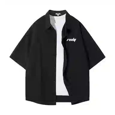 红蜻蜓 美式高街基础纯色复古简约字母宽松休闲落肩百搭经典短袖衬衫 男女同款