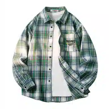 红蜻蜓 格子条纹翻领宽松舒适百搭休闲长袖衬衫 男女同款