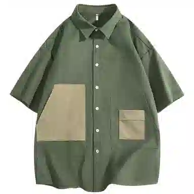快鱼 美式拼接工装设计感潮牌时尚宽松休闲百搭短袖翻领衬衫 男女同款
