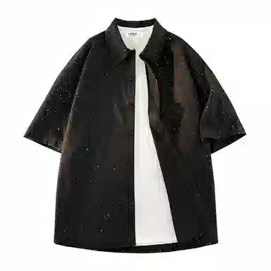 兰缪 美式复古高街风纯色基础款满天星宽松休闲日常百搭通勤学生党圆领重磅短袖衬衫 男女同款