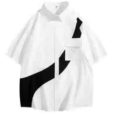 快鱼 韩版简约百搭潮流宽松时尚撞色休闲短袖翻领衬衫 男女同款