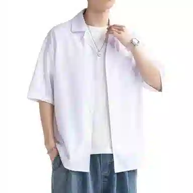 袋鼠 美式复古基础款简约纯色宽松休闲单排扣轻薄透气凉感翻领短袖衬衫 男女同款