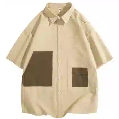 快鱼 美式拼接工装设计感潮牌时尚宽松休闲百搭短袖翻领衬衫 男女同款