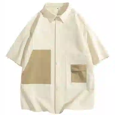 快鱼 美式拼接工装设计感潮牌时尚宽松休闲百搭短袖翻领衬衫 男女同款