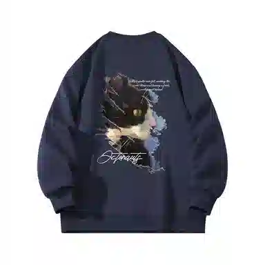 海底小纵队 美式复古猫英文品牌涂鸦印花重磅圆领落肩卫衣 男女同款