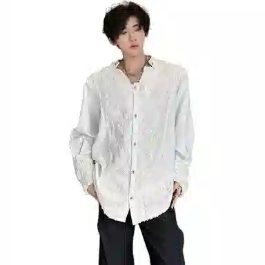 木林森 美式高街复古个性蕾丝立体花卉宫廷刺绣重工奢华感潮流个性百搭文艺风宽松休闲痞帅长袖衬衫 男女同款 白色