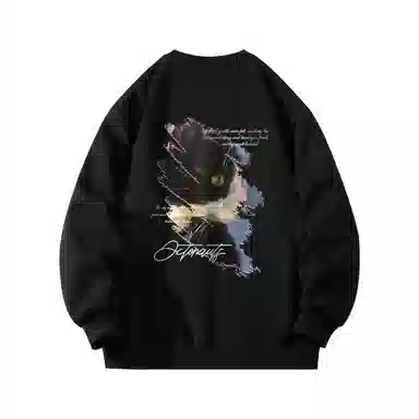 海底小纵队 美式复古猫英文品牌涂鸦印花重磅圆领落肩卫衣 男女同款