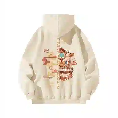 玉儿恋 国潮设计舞狮加绒厚款字母印花连帽落肩百搭宽松卫衣 男女同款