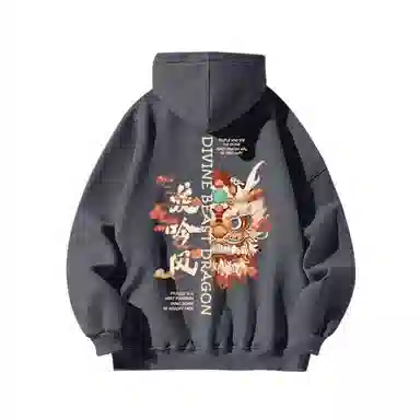 玉儿恋 国潮设计舞狮加绒厚款字母印花连帽落肩百搭宽松卫衣 男女同款