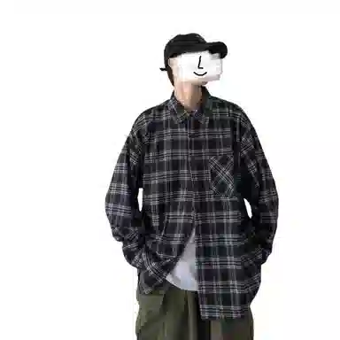 玉儿恋 潮流格子复古翻领落肩宽松纽扣长袖衬衫 男女同款