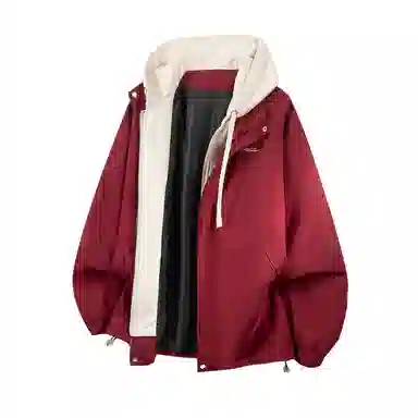 红蜻蜓 美式复古品牌连帽宽松假两件纯色拉链长袖夹克外套 男女同款