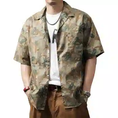 贵色 美式休闲百搭宽松短袖衬衫 男女同款 卡其