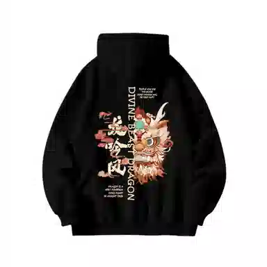 玉儿恋 国潮设计舞狮加绒厚款字母印花连帽落肩百搭宽松卫衣 男女同款