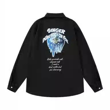 三体 二维化系列 复古美式简约字母印花基础款百搭翻领开衫休闲高街潮牌宽松学生多巴胺学院风日常透气薄款长袖衬衫 男女同款