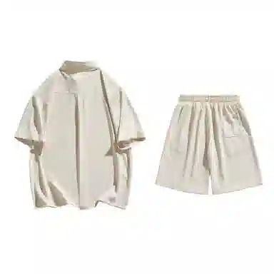 大卫贝肯 美式复古简约纯色宽松透气高级感痞帅垂感短袖上衣休闲字母休闲短裤衬衫套装 男女同款