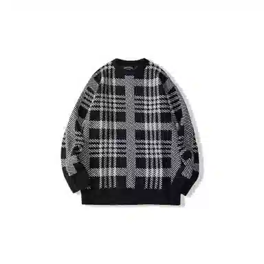 我是大卫 不规则撞色拼接复古格子条纹套头宽松针织衫 男女同款