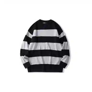 我是大卫 撞色不规则拼接宽松横条条纹落肩套头针织衫 男女同款