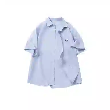 行更远 美式笑脸刺绣半袖衬衣夏季潮牌宽松古巴领条纹休闲短袖衬衫 男女同款