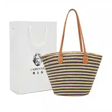 老人头 度假慵懒风时尚休闲百搭编织 织物 单肩包 女款 黑色/米色