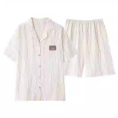 夏芬妍 简约休闲简约条纹云朵棉翻领舒适亲肤宽松短袖短裤时尚可外穿家居服睡衣套装 男女同款 杏色