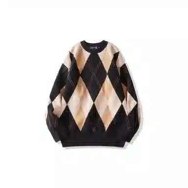 我是大卫 韩版复古菱格撞色几何图案棋盘格拼接针织衫 男女同款