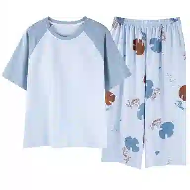 细舍 带胸垫休闲短袖七分裤韩版可外穿家居服睡衣套装 女款 浅蓝色