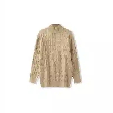 我是大卫 纯色半开拉链设计半高领套头麻花纹长袖针织衫 男女同款 杏色