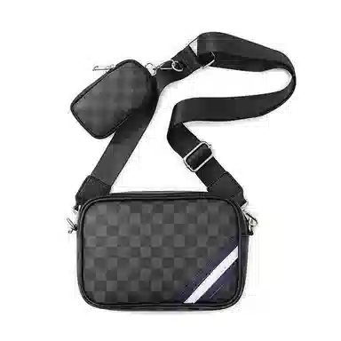 老人头 时尚通勤经典百搭格子潮流个性 合成革 单肩包 常规 男款 黑色