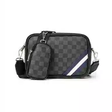 老人头 时尚通勤经典百搭格子潮流个性 合成革 单肩包 常规 男款 黑色