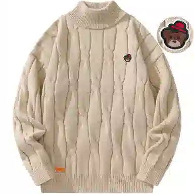 帕丁顿熊 基础款可拆卸小熊胸针纯色休闲百搭打底中高领麻花宽松毛衣保暖加厚针织衫 男女同款