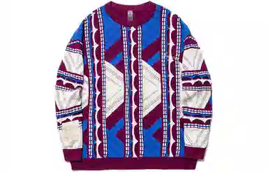 中国李宁 条纹满印圆领宽松套头长袖针织衫 男款 药水紫晶蓝色米白色