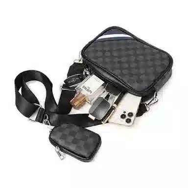 老人头 时尚通勤经典百搭格子潮流个性 合成革 单肩包 常规 男款 黑色