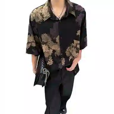 黑马漫画 泰国休闲新中式上衣复古巴洛克花短袖衬衫 男女同款 黑色