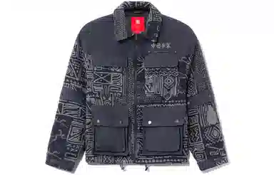 中国李宁 多口袋宽松满印运动夹克外套 男款 冷檀黑满印