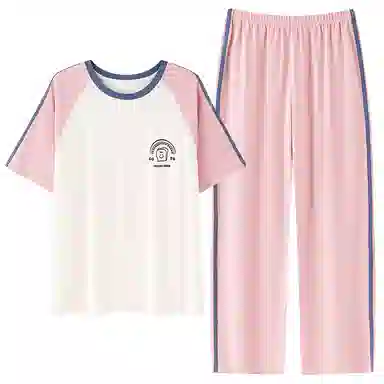 贴身领域 圆领甜美舒适透气可外穿柔软简约亲肤短袖长裤睡衣套装 女款