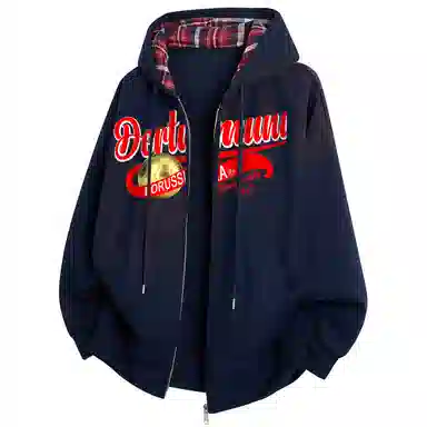 普鲁士多特蒙德 复古时尚美式重磅花体金球印花图案字母格子拼接长袖落肩抽绳舒适宽松百搭开衫防风户外运动出行连帽卫衣 男女同款