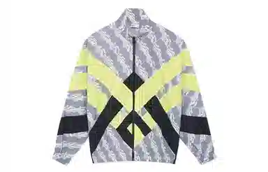 中国李宁 都市游牧 宽松运动立领拼色长袖夹克 男款 满印拼接黑色荧光果酸绿