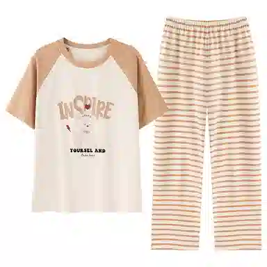 莫代尔 舒适简约柔软亲肤圆领短袖上衣家居服可外穿长裤睡衣套装 女款 桔色