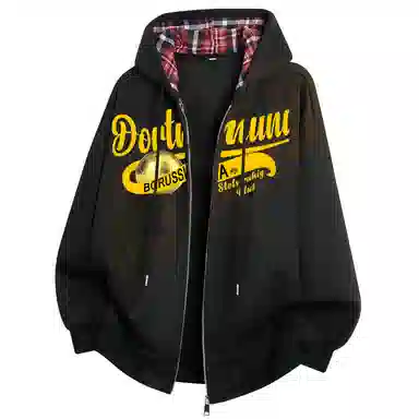 普鲁士多特蒙德 复古时尚美式重磅花体金球印花图案字母格子拼接长袖落肩抽绳舒适宽松百搭开衫防风户外运动出行连帽卫衣 男女同款