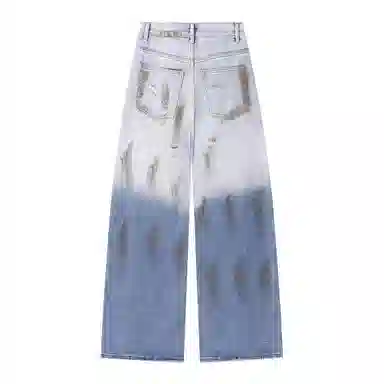 欧迪芬 美式撞色渐变水洗复古做旧休闲舒适百搭牛仔裤 女款 浅蓝