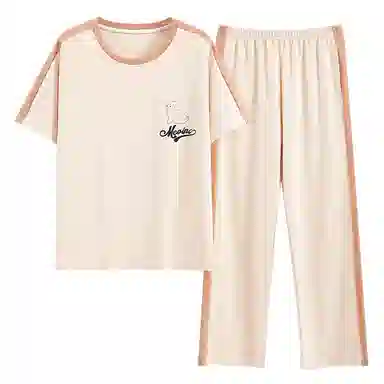 莫代尔 舒适亲肤圆领百搭轻柔短袖上衣家居服可外穿长裤睡衣套装 女款 杏色