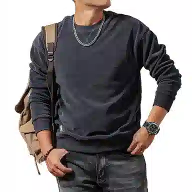 季言 复古加绒厚款纯色圆领落肩宽松卫衣 男款