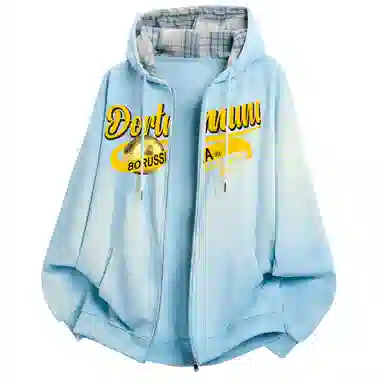 普鲁士多特蒙德 复古时尚美式重磅花体金球印花图案字母格子拼接长袖落肩抽绳舒适宽松百搭开衫防风户外运动出行连帽卫衣 男女同款