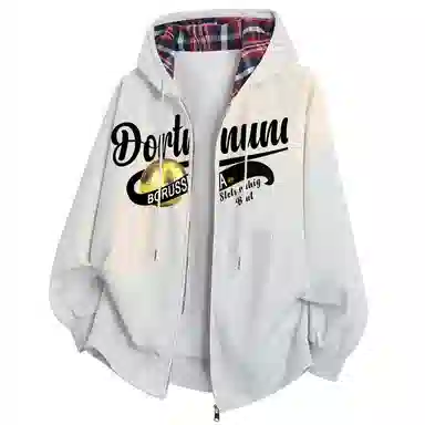 普鲁士多特蒙德 复古时尚美式重磅花体金球印花图案字母格子拼接长袖落肩抽绳舒适宽松百搭开衫防风户外运动出行连帽卫衣 男女同款