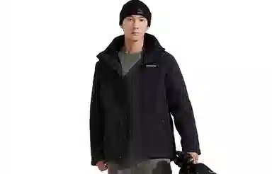 探路者 字母印花防风保暖防水三合一抓绒冲锋衣 男款 黑色