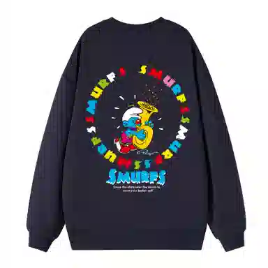 蓝精灵 美式复古休闲舒适重磅手绘卡通人物字母印花圆领卫衣 男女同款 黑色