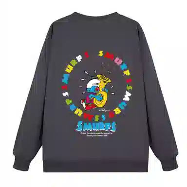 蓝精灵 美式复古休闲舒适重磅手绘卡通人物字母印花圆领卫衣 男女同款 黑色
