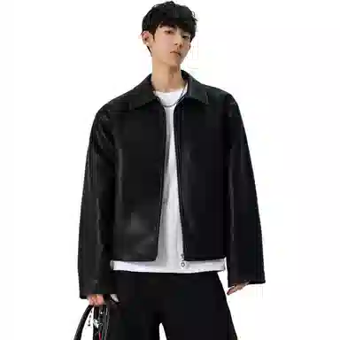 颂希尔 美式机车纯色翻领长袖夹克外套 男女同款 黑色