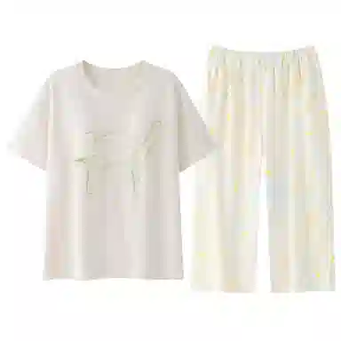 细舍 带胸垫可外穿纯棉圆领短袖七分裤家居服睡衣套装 女款 米白色