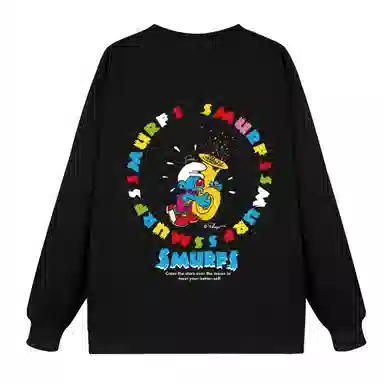 蓝精灵 美式复古休闲舒适重磅手绘卡通人物字母印花圆领卫衣 男女同款 黑色